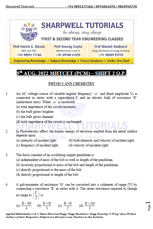 2022 MHTCET 5th Aug Shift 2