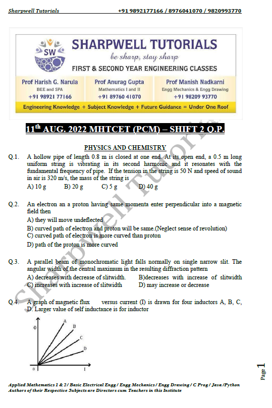 2022 MHTCET 11th Aug Shift 2