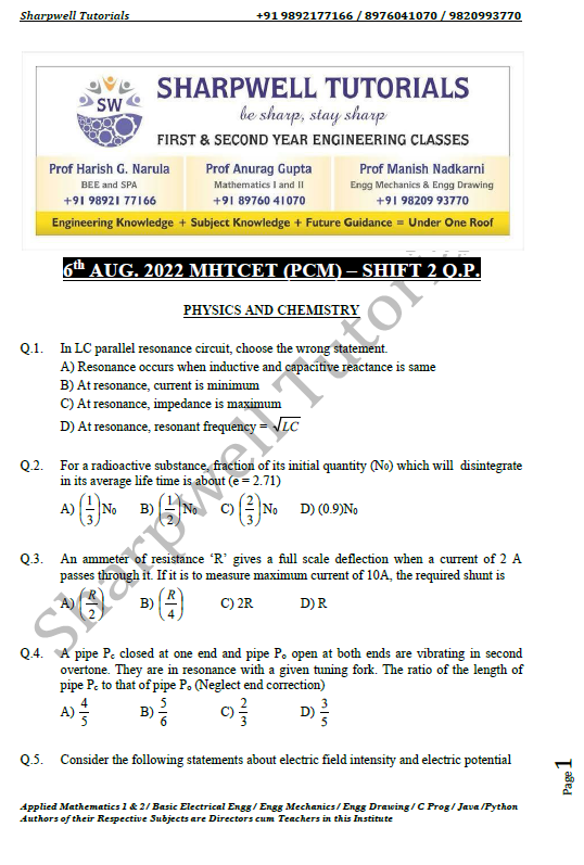 2022 MHTCET 6th Aug Shift 2
